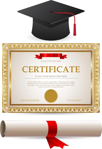 Golden certificate diploma and graduation cap — Stock Vector