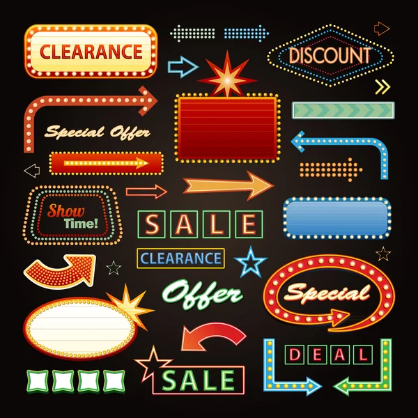 Retro Showtime tekenen Design elementen Set. Heldere Billboard Signage Light Bulbs, Frames, pijlen, pictogrammen en Neon lampen — Stockvector