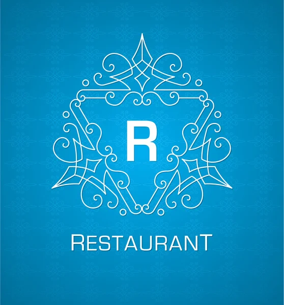 Monogramm-Logo-Vorlage mit florierenden kalligrafisch eleganten Ornamentelementen auf blauem Hintergrund — Stockvektor