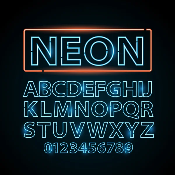 Vector blauwe neon lamp brieven font Toon vegas lichte ondertekenen theather — Stockvector