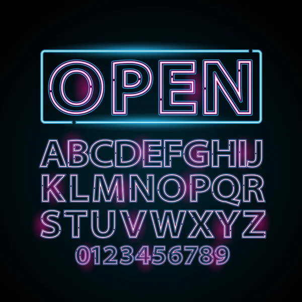 ベクターのピンクとラスベガスの光は今の劇場を示す青いネオン ランプ文字フォント — ストックベクタ