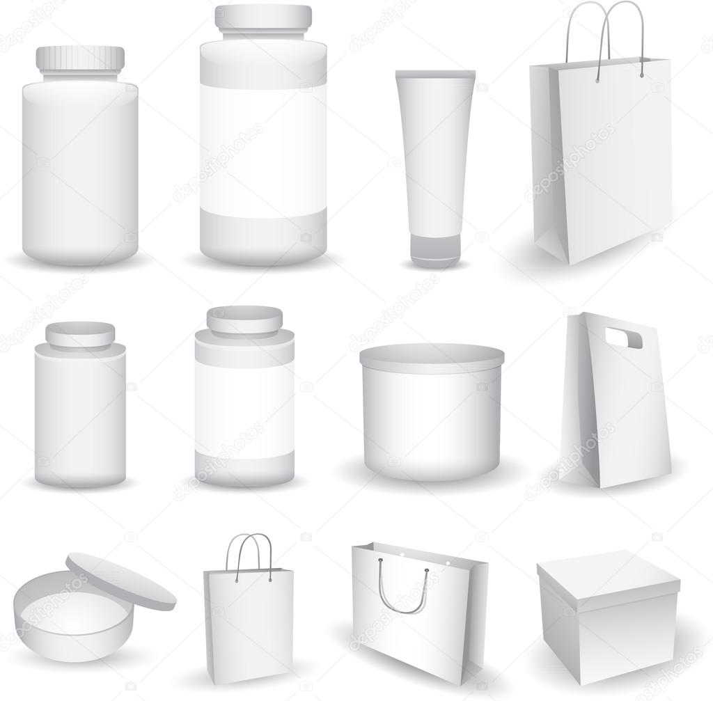 Vector Blank Big Set of Plastic Packaging Bottles, with Cap for Cosmetics, Vitamins, Pills or Capsules, boxes and bags
