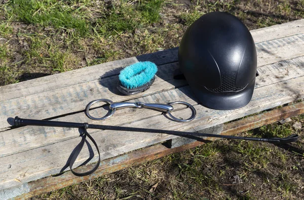 Equipment Horse Care Riding Brush Whip Helmet Bit Equestrian Gear — Stock Photo, Image