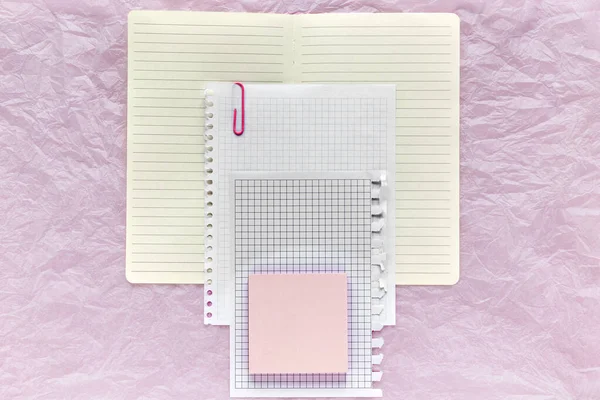 Papierblätter Auf Dem Rosa Hintergrund Vorlage Mit Kopierraum Für Ihren — Stockfoto