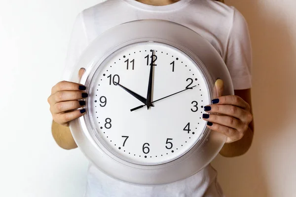 Girl Holding Clock Front Her Concept Time Management Deadline Time — Stock Photo, Image