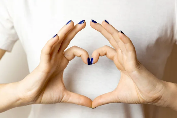 Closeup Hands Classic Blue Manicure Holding Heart Shaped — Stock Photo, Image