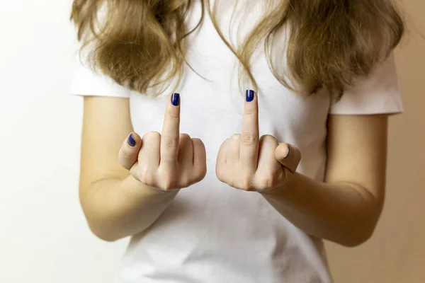 Closeup Hands Classic Blue Manicure Showing Middle Finger Fuck Gesture —  Fotos de Stock