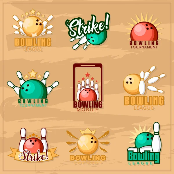 Vintage bowling emblem set. logotype template on retro grunge background. Vinage Bowling logo. vector illustration — Stock Vector