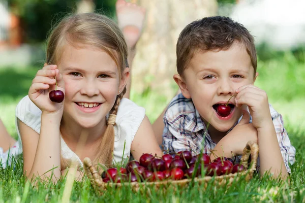 Copii fericiți care stau lângă copac cu un coș de cireș — Fotografie, imagine de stoc