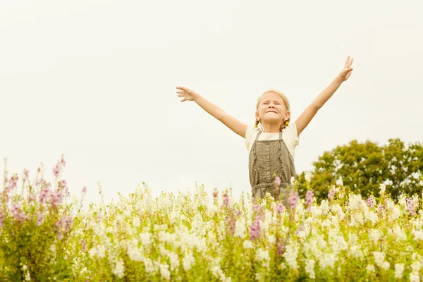 Niño feliz con los brazos levantados en el campo verde de flores . — Foto de Stock