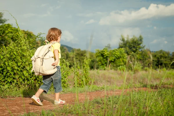 Little boy with a backpack walking on the road — Stock Photo, Image