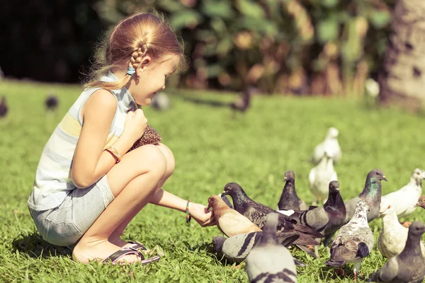 Klein meisje voeden duiven in het park — Stockfoto