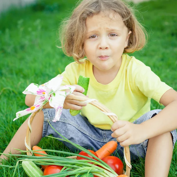 Joyeux petit garçon assis sur l'herbe avec un panier de légumes — Photo