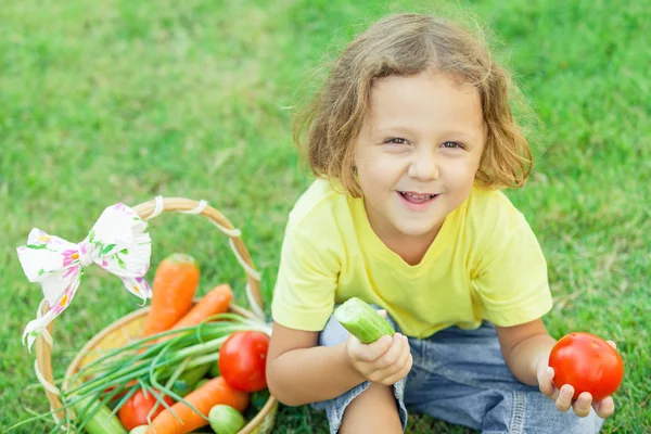 Joyeux petit garçon assis sur l'herbe avec un panier de légumes — Photo