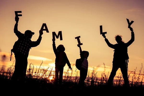 Keluarga bahagia berdiri di lapangan pada waktu matahari terbenam . — Stok Foto