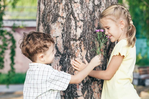 Twee gelukkige kinderen spelen in de buurt van de boom — Stockfoto