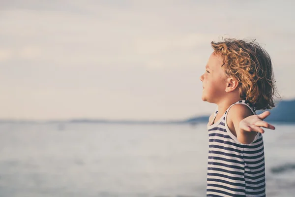 Portret van kleine jongen staande op het strand — Stockfoto