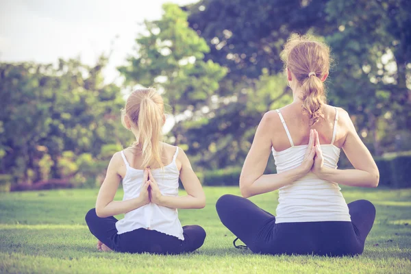 Anne ve kızı parkta çim üzerinde yoga egzersizleri yapıyor.