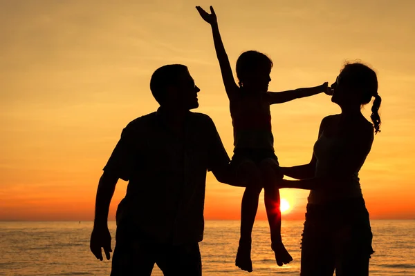 Šťastné rodiny stojící na pláži při západu slunce. — Stock fotografie