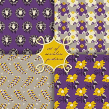 Paskalya günü kesintisiz vektör çizim kümesi. Paskalya, yumurta, kuzu, çiçekler, dalları sembolleri