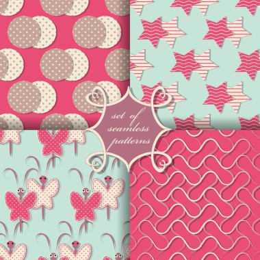 Sorunsuz vektör çizimler kümesi. Geometrik şekiller, dekoratif kelebekler, dalgalı çizgiler desen  