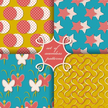 Sorunsuz vektör çizimler kümesi. Geometrik şekiller, dekoratif kelebekler, dalgalı çizgiler desen  