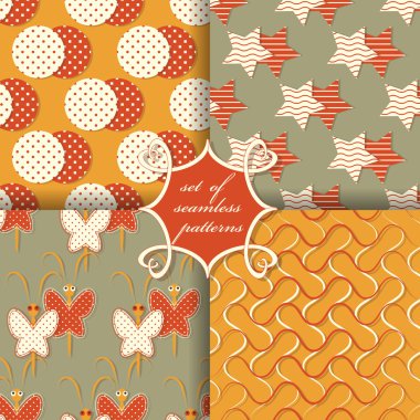 Sorunsuz vektör çizimler kümesi. Geometrik şekiller, dekoratif kelebekler, dalgalı çizgiler desen  