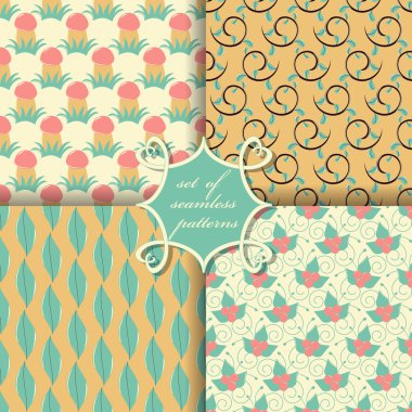 Şükran günü kesintisiz vektör çizimleri kümesi. Mantar, çilek, dekoratif dalları, yaprakları