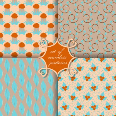 Şükran günü kesintisiz vektör çizimleri kümesi. Mantar, çilek, dekoratif dalları, yaprakları