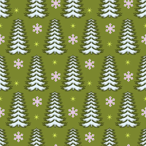 Nahtlose Vektor-Weihnachtsillustration. Weihnachtsbäume, Schneeflocken, Sterne — Stockvektor