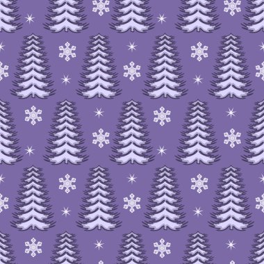 sorunsuz vektör Christmas illüstrasyon. Noel ağaçları, kar taneleri, yıldız