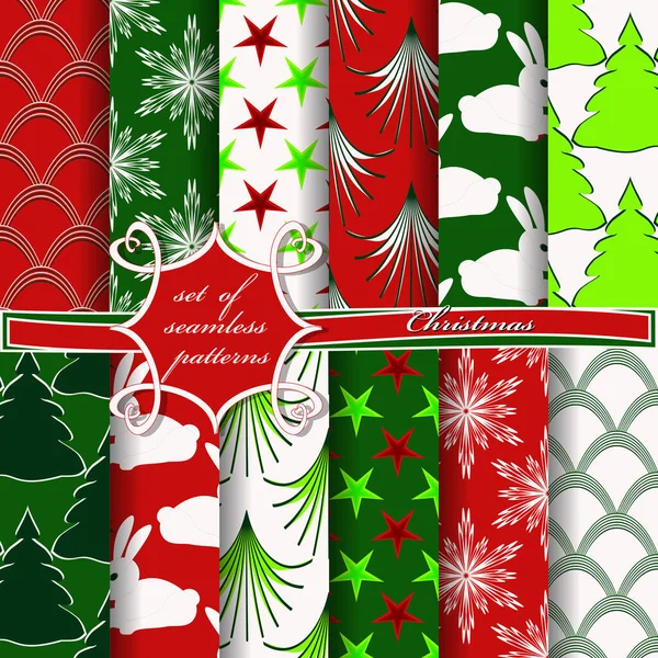 Zusammenstellung Nahtloser Weihnachtsillustrationen Abstraktes Vektorpapier Mit Weihnachtsbäumen Symbolen Und Elementen — Stockvektor