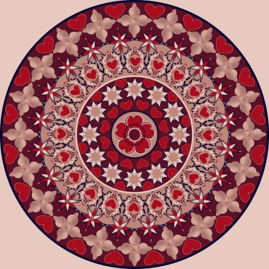 Sevgililer Günü için vektör dairesel desen. Kalpli mandala, dekoratif şekiller.