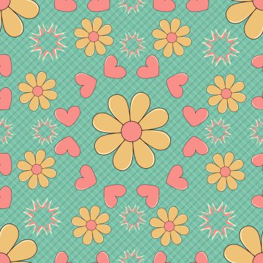 Sevgililer Günü deseni. Dekoratif çiçekleri ve kalpleri olan kusursuz bir vektör geçmişi var. Duvar kağıtları, resimler, web sayfası, arkaplan, yüzey için kullanılabilir