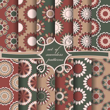 Soyut dekoratif çiçekli, dairesel desenli kusursuz vektör kağıtları. Mandala