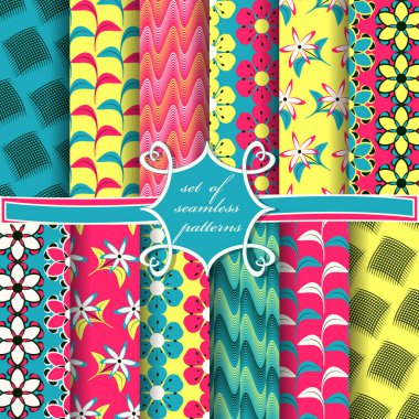 Soyut geometrik şekillere, dekoratif çiçeklere ve dekorasyon için tasarım elementlerine sahip kusursuz vektör kağıtları.