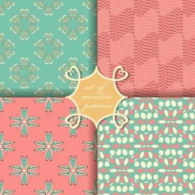 Soyut dekoratif şekilleri, dekoratif çiçekleri, benekli desenleri olan kusursuz vektör kağıtları.