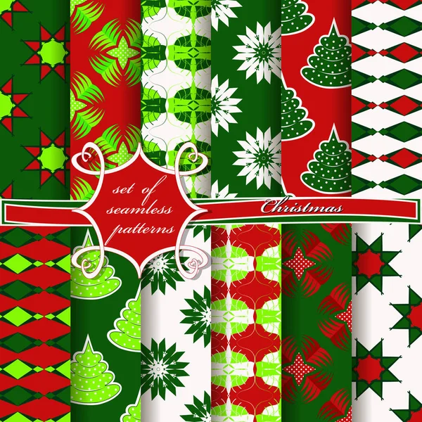 Árboles Navidad Decorativos Patrones Abstractos Copos Nieve Estrellas Conjunto Ilustraciones — Vector de stock