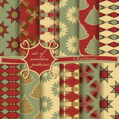 Dekoratif Noel ağaçları, soyut desenler, kar taneleri, yıldızlar. Kusursuz Noel çizimleri seti. Kusursuz Noel çizimleri seti.