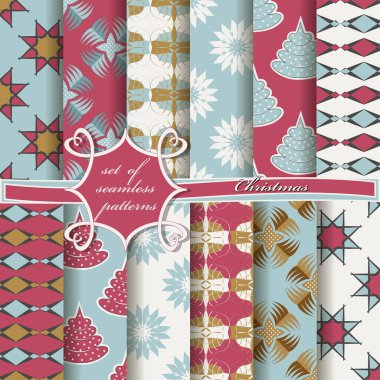 Dekoratif Noel ağaçları, soyut desenler, kar taneleri, yıldızlar. Kusursuz Noel çizimleri seti. Kusursuz Noel çizimleri seti.