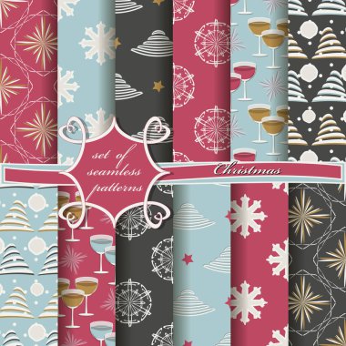 Dekoratif Noel ağaçları, soyut desenler, kar taneleri, yıldızlar. Kusursuz Noel çizimleri seti. 