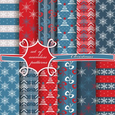 Dekoratif Noel ağaçları, soyut desenler, kar taneleri, yıldızlar. Kusursuz Noel çizimleri seti. 