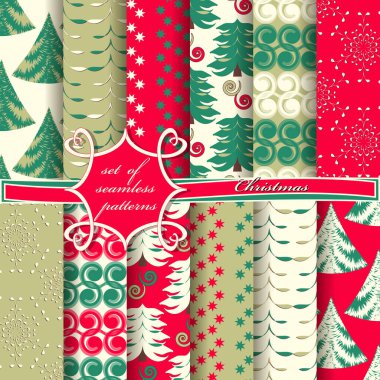 Dekoratif Noel ağaçları, soyut desenler, kar taneleri, yıldızlar. Kusursuz Noel vektör çizimleri kümesi. 