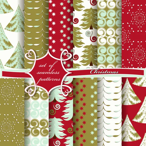 Dekorative Weihnachtsbäume Abstrakte Muster Schneeflocken Sterne Reihe Nahtloser Weihnachtsvektorillustrationen — Stockvektor