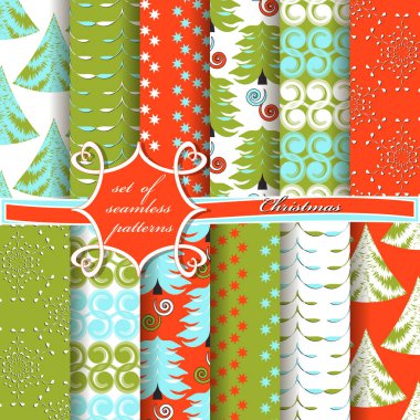 Dekoratif Noel ağaçları, soyut desenler, kar taneleri, yıldızlar. Kusursuz Noel vektör çizimleri kümesi. 