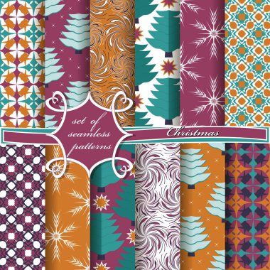 Dekoratif Noel ağaçları, soyut desenler, kar taneleri, yıldızlar. Kusursuz Noel vektör çizimleri kümesi. 