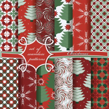 Dekoratif Noel ağaçları, soyut desenler, kar taneleri, yıldızlar. Kusursuz Noel vektör çizimleri kümesi. 