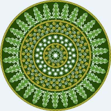 Noel sembollü dairesel bir şekil. Noel ağacı, yıldızlar, bukleler