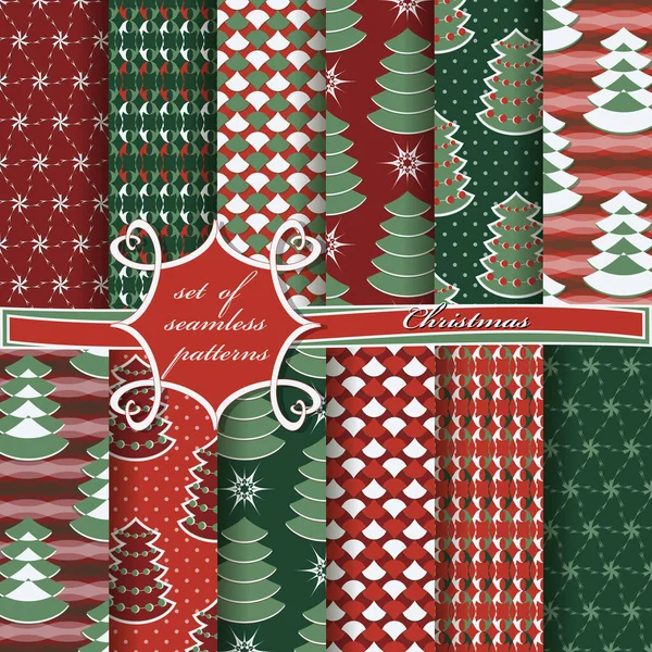 装飾的なクリスマスツリー 抽象的なパターン 雪の結晶 シームレスなクリスマスベクトルイラストのセット — ストックベクタ