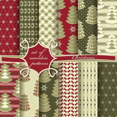 Dekoratif Noel ağaçları, soyut desenler, kar taneleri, yıldızlar. Kusursuz Noel vektör çizimleri kümesi. 